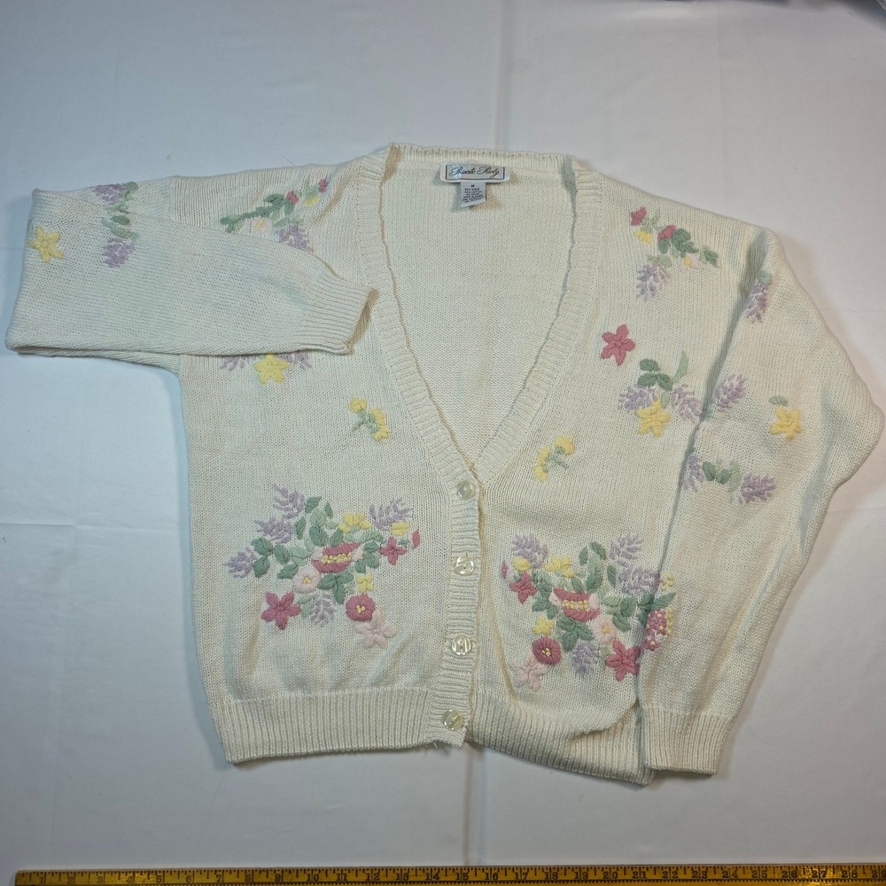 Vintage Private Party Cardigan M Floral Embroidered Ramie Cotton Cottagecore 90s